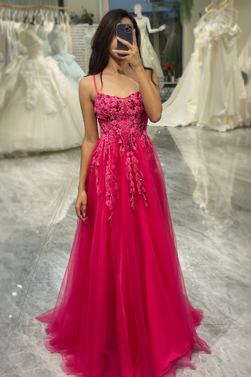 Spaghetti Straps Tulle A Line Prom Dress with Appliques